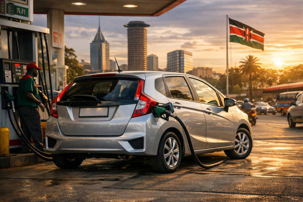 Silver Honda Fit parked outside a Nairobi dealership at sunset.