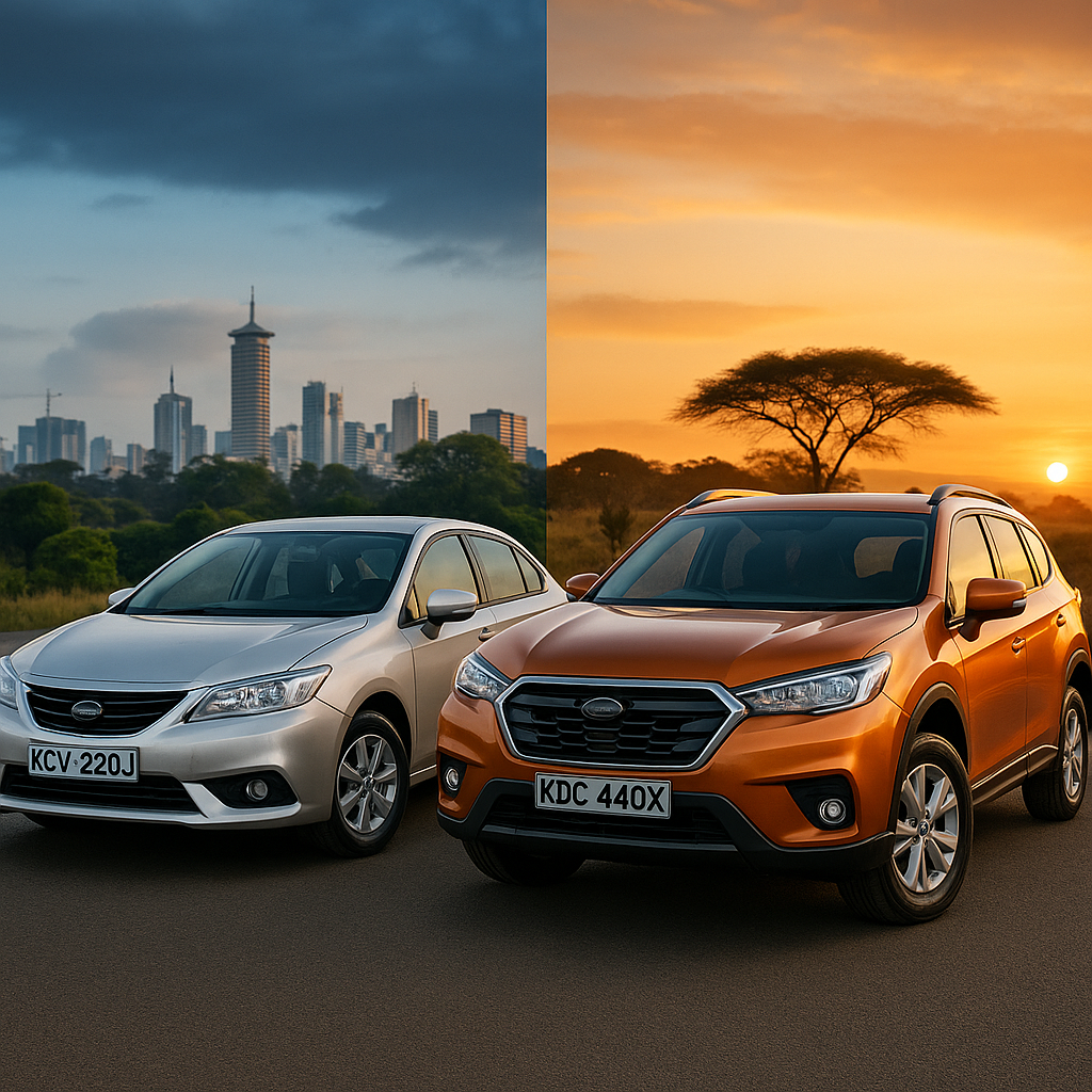 Two cars parked against a city skyline at sunset.