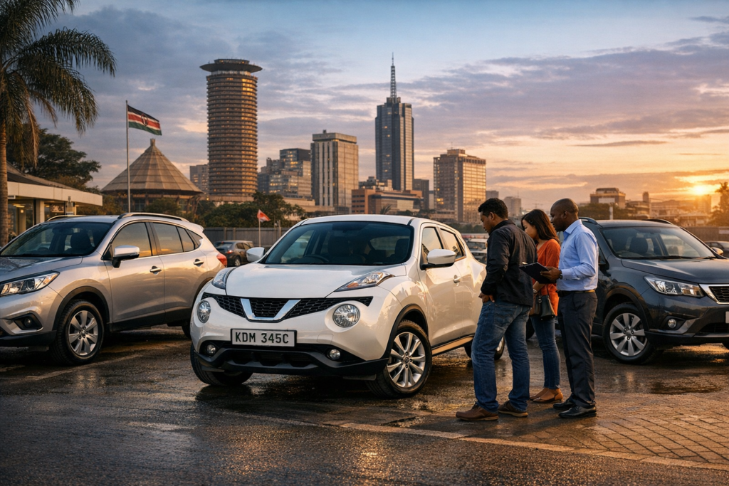 Three silver and white Nissan Juke crossovers inspected on a Nairobi street.