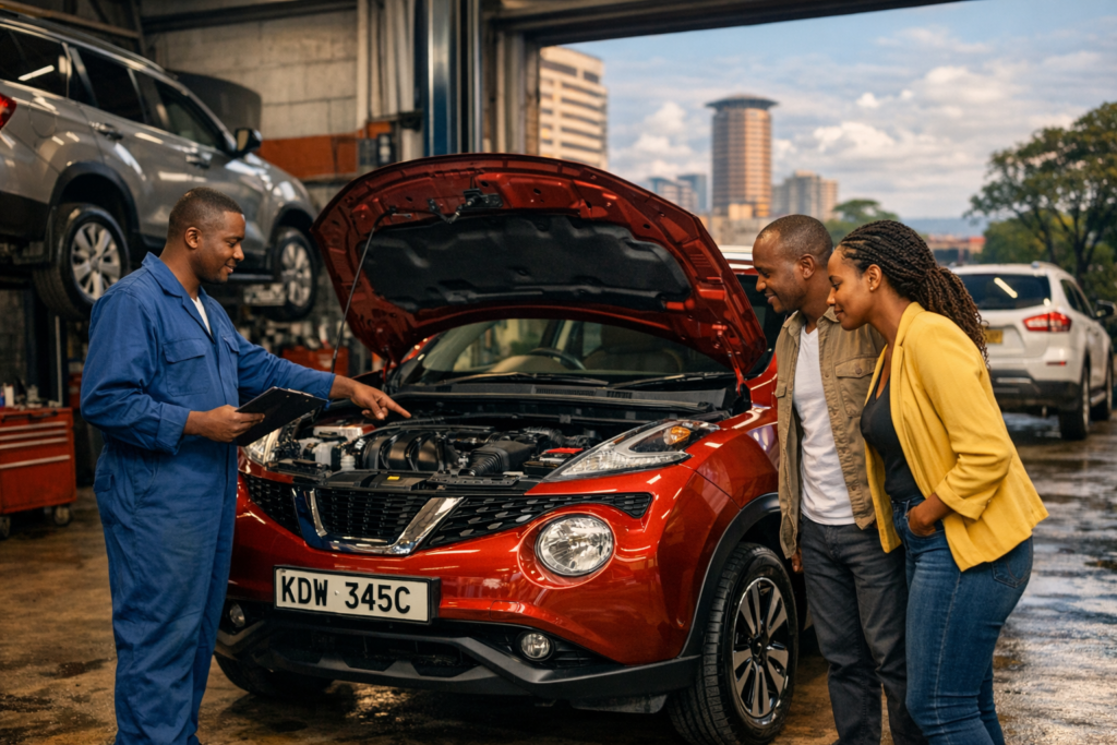 Mechanic inspecting the open engine bay of a red Nissan Juke.