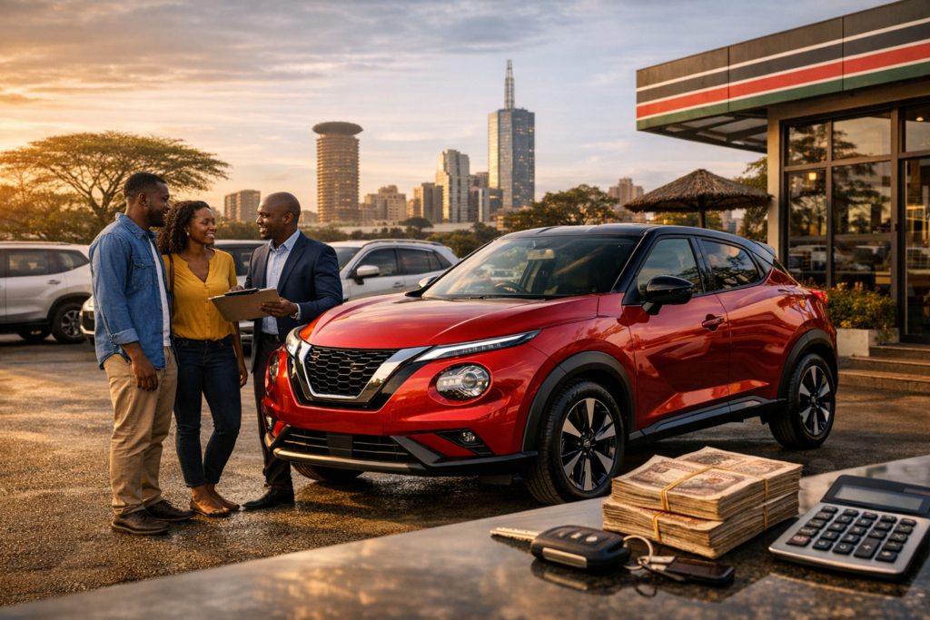 Red Nissan Juke parked outside a Nairobi dealership while three people review its paperwork.