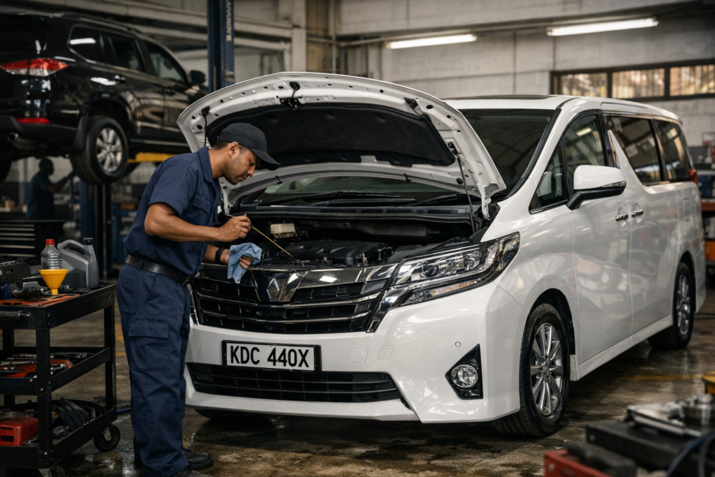 Mechanic inspecting the engine bay of a white Toyota Alphard.