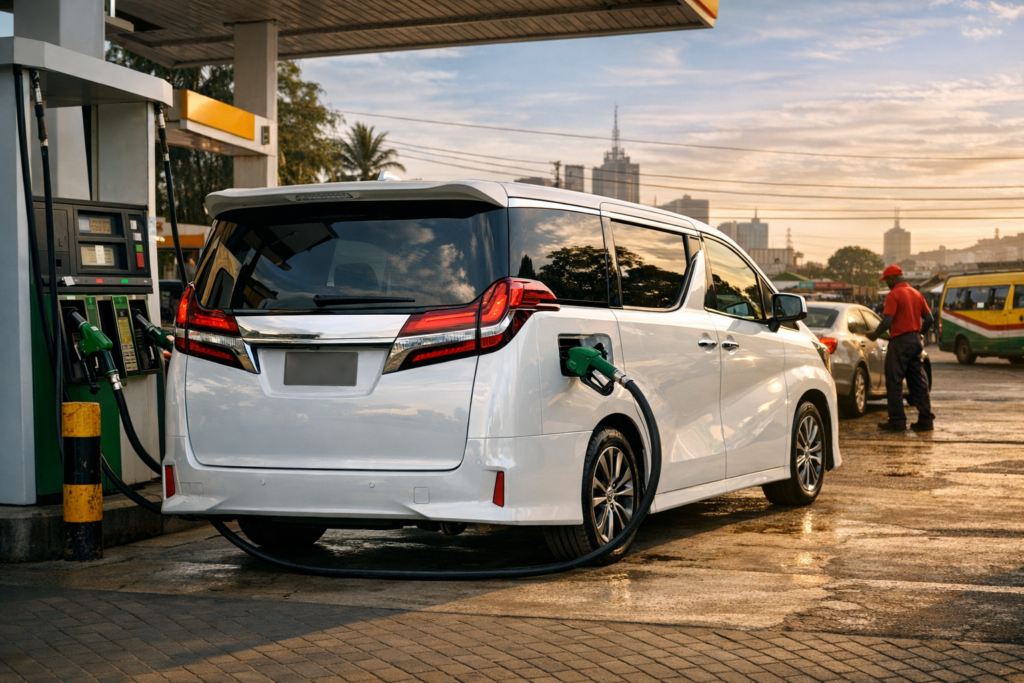 Rear view of a white Toyota Alphard parked outdoors.