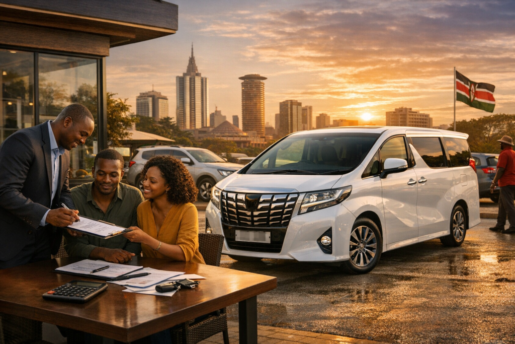 White Toyota Alphard displayed in a showroom beside a city view.