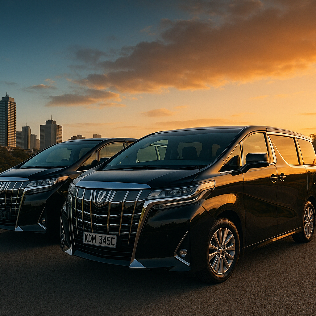 Black Toyota Alphard parked on a city street at dusk.