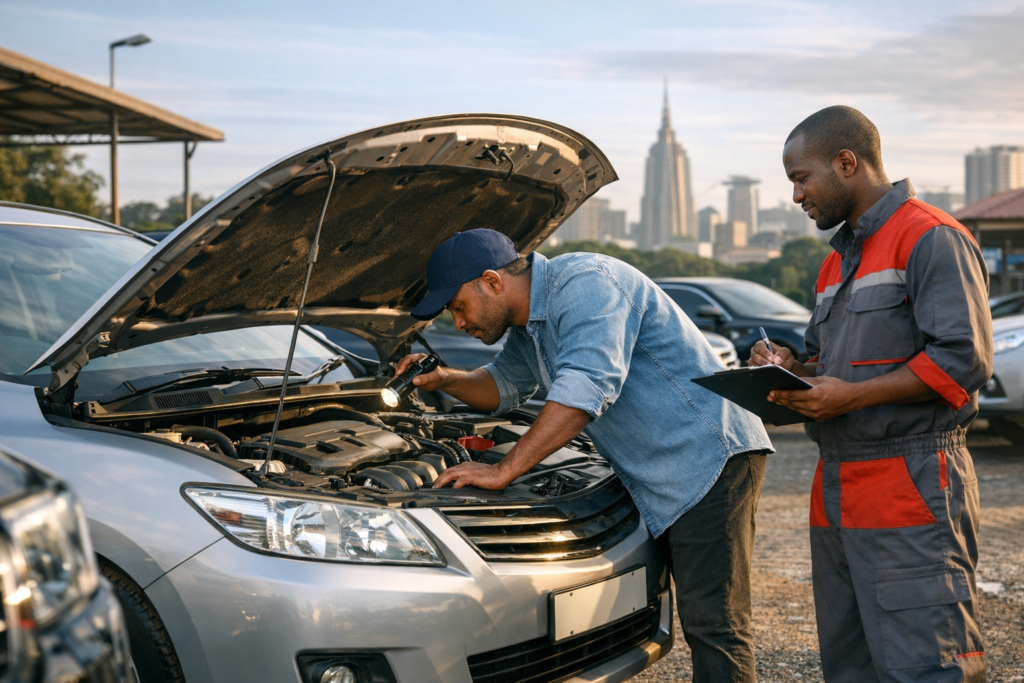 Mechanic inspecting a Toyota Alphard engine before purchase.