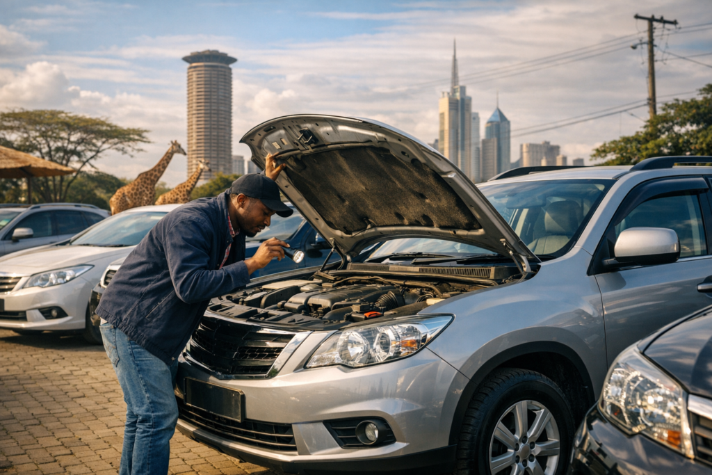Mechanic checking the engine of a used sedan before purchase.