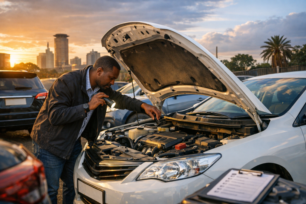 Mechanic inspecting a used car engine before purchase.