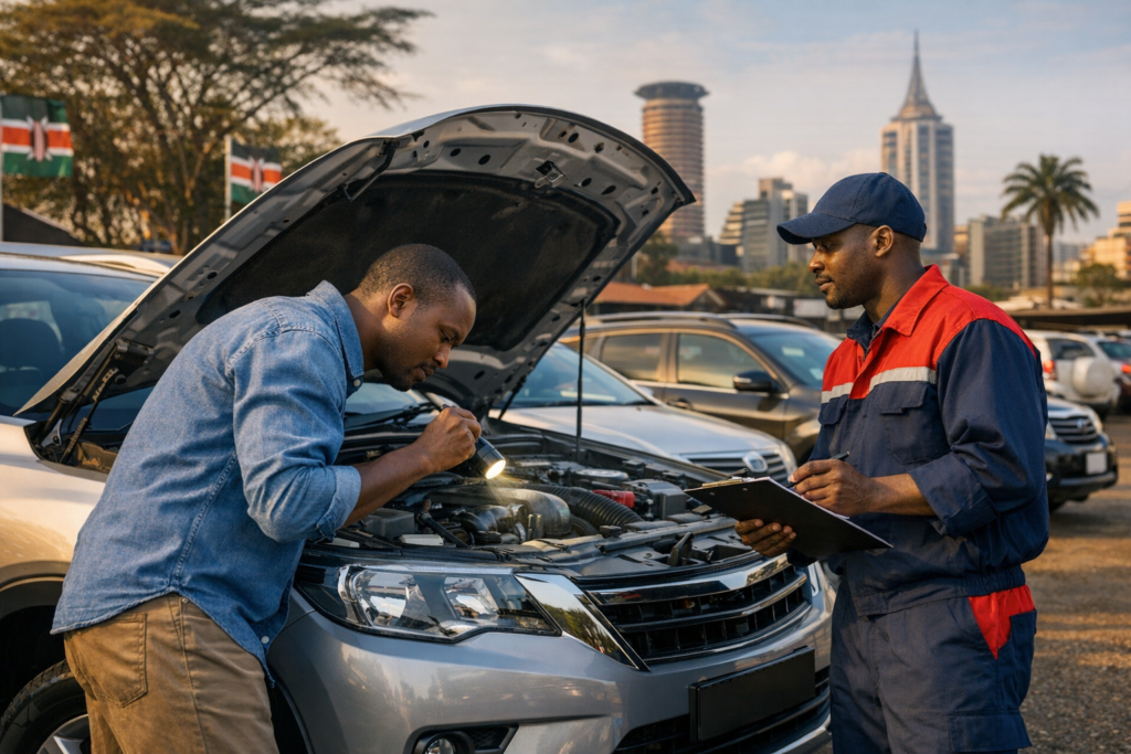 Mechanics inspecting a used car’s engine before purchase.
