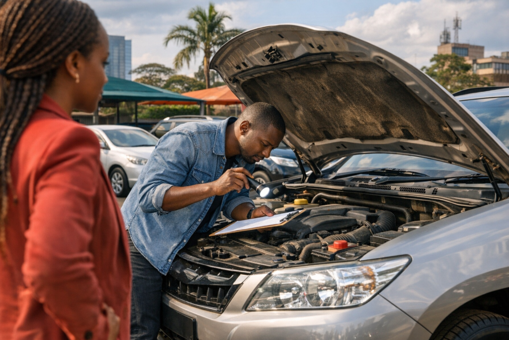 Mechanic inspecting the engine of a used car before purchase.