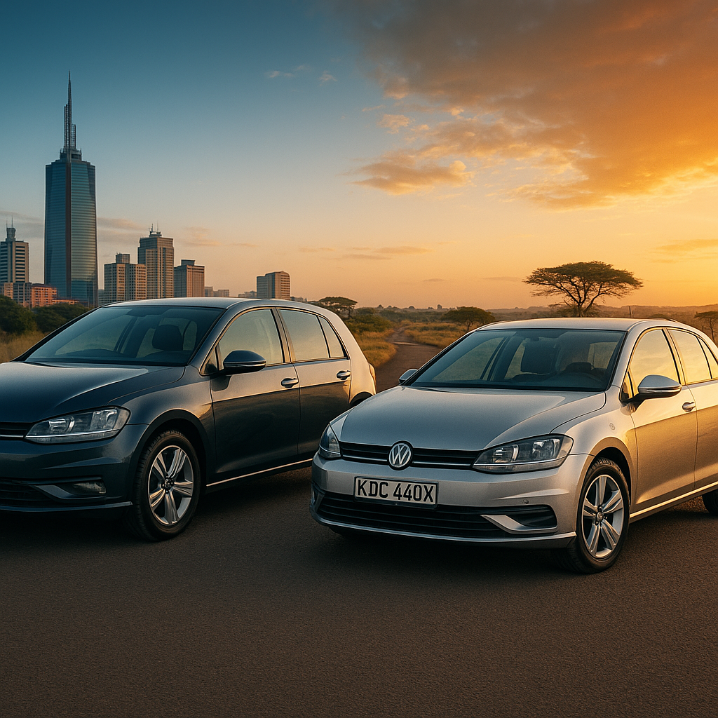 Two passenger cars on an urban street at dusk.