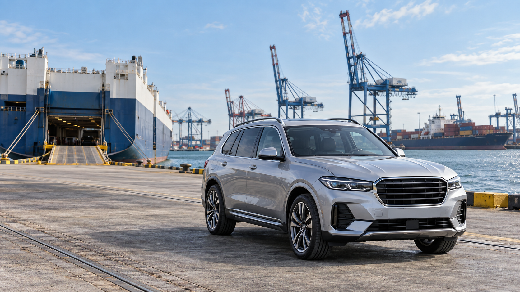 Silver SUV at a European vehicle export terminal